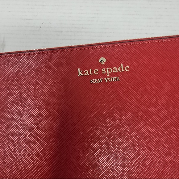 Kate Spade New Red Leather Wristlet Lucy Logo Top Zipper Bag New Red Clutch - Picture 5 of 8